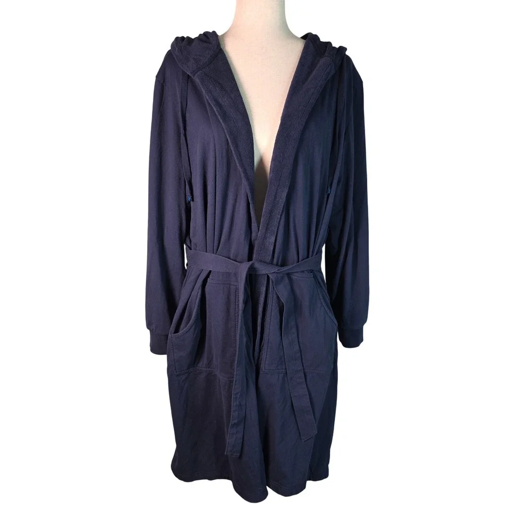 DudeRobe Mens Hooded Bathrobe Navy Blue Towel Lined Jersey Knit Size S/M